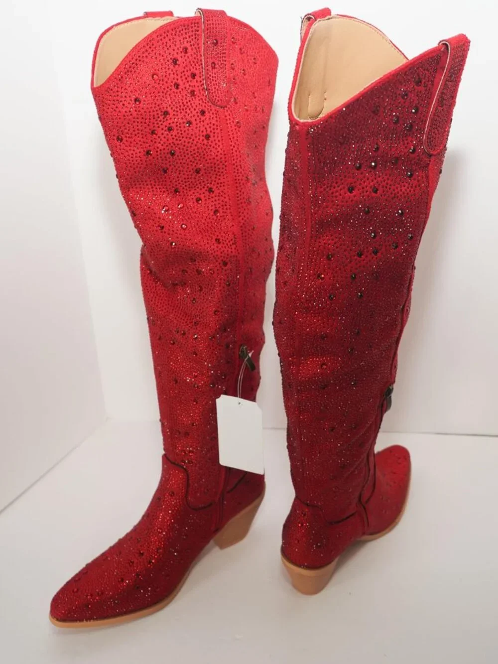 Women’s Red Over the Knee Cowgirl Boots Pointed Toe Thigh High Chunky Heel